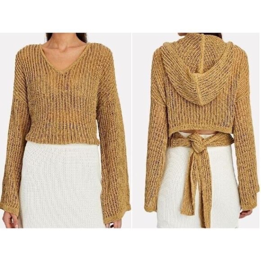 NEW! Cult Gaia Catherine Cotton-Blend Hooded Knit Crochet Sweater Coverup Gold M